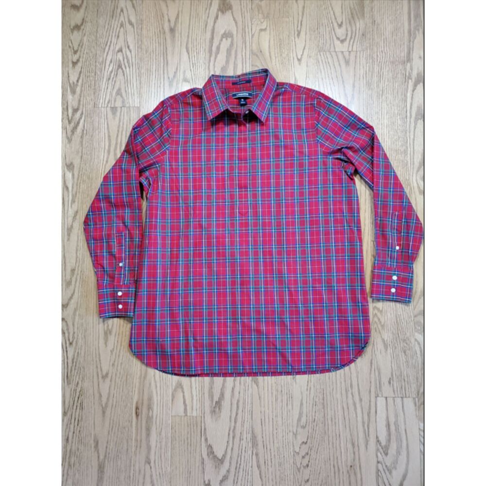 Land's End Womens 16 No Iron Supima Red Tartan Plaid Half Button Collared Shirt